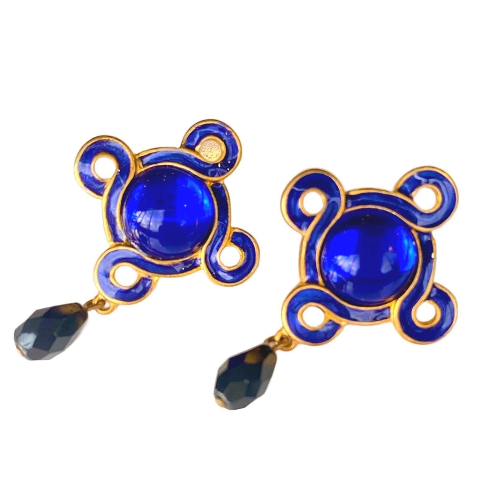 Vintage Chico’s Blue Enamel & Glass Cabochon Drop Earrings Gold Tone Size ONE SIZE - 4 Thumbnail