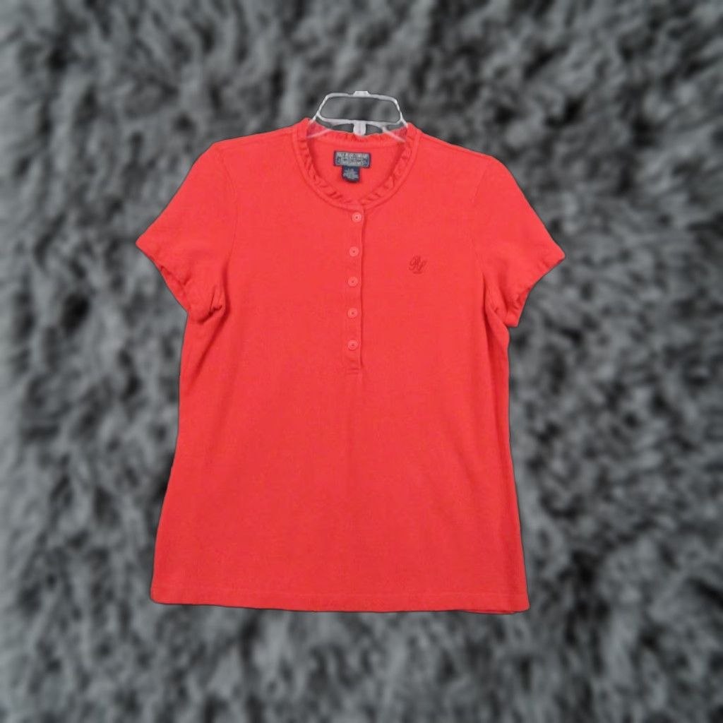 Polo Ralph Lauren Ralph Lauren Polo Blouse Large Womens Cotton Ruffle Button Short Sleeve Pink Red Vintage Monogram RL Shirt Size L / US 10 / IT 46 - 1 Thumbnail