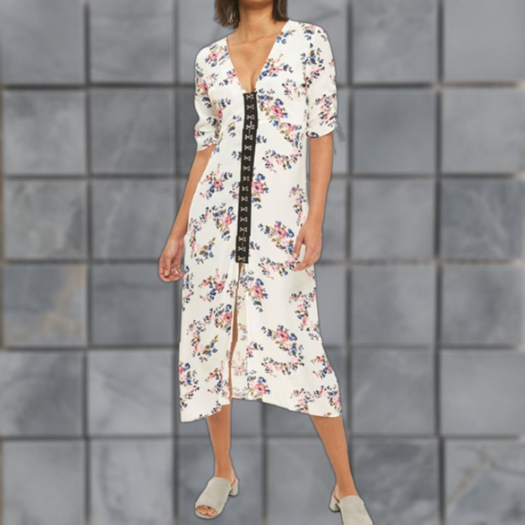 Topshop Floral Midi Dress Shirt Women 6 Multicolor V-Neck Button Front Hook Elbow sleeves Tie Ruched Front Slit Lined 100% viscose