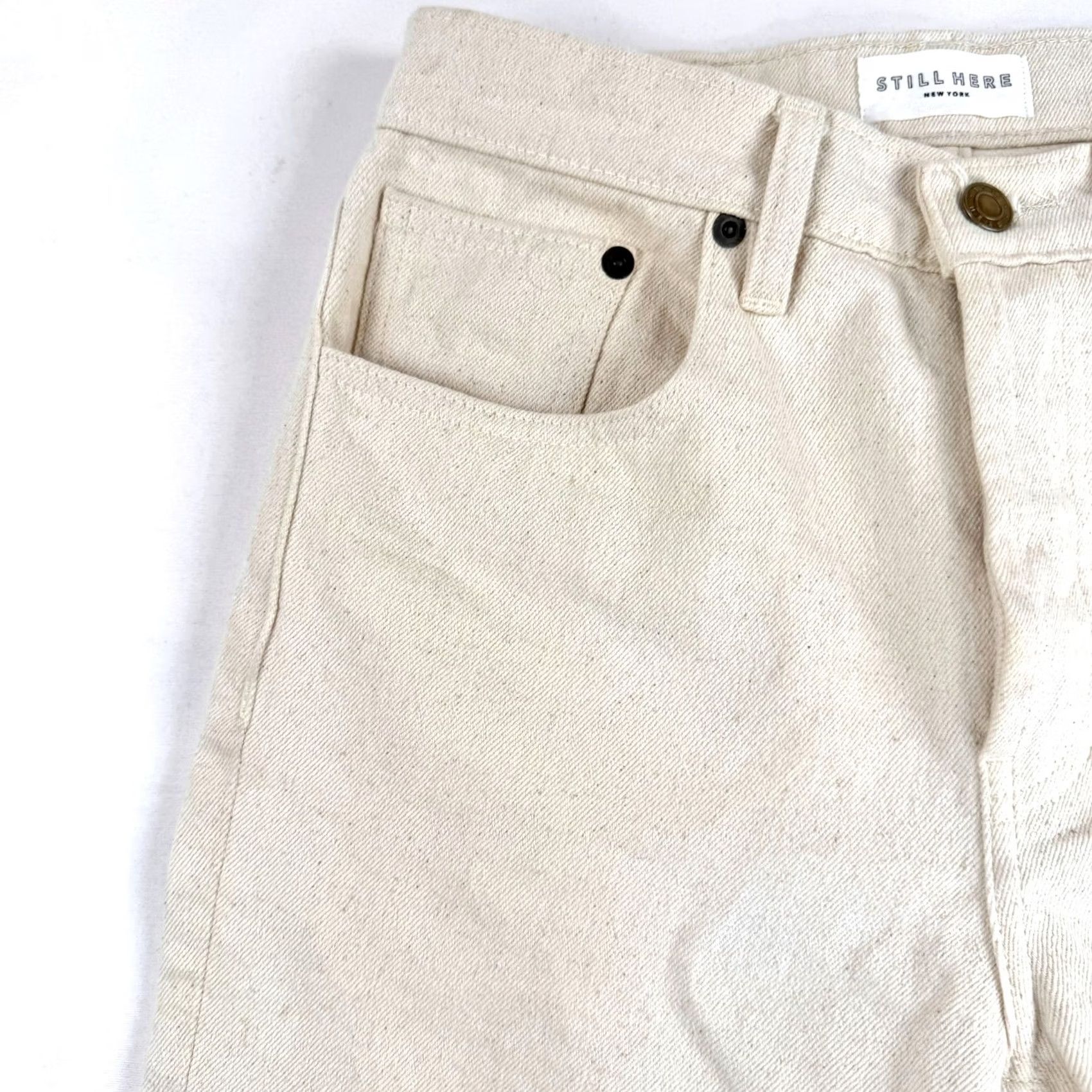 Still Here Still Here Jeans Womens 25 Ivory Bone Striped High Rise Denim Cotton 5-Pocket Logo Button Straight Vintage? Size 42" / US 20 - 3 Thumbnail