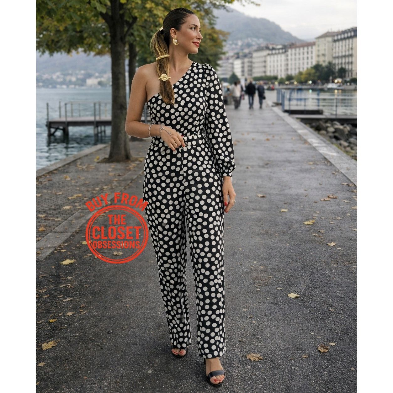 Mango Mango Polka Dot One Shoulder Jumpsuit Straight Leg NWT Size 34" / US 12 / IT 48 - 9 Thumbnail