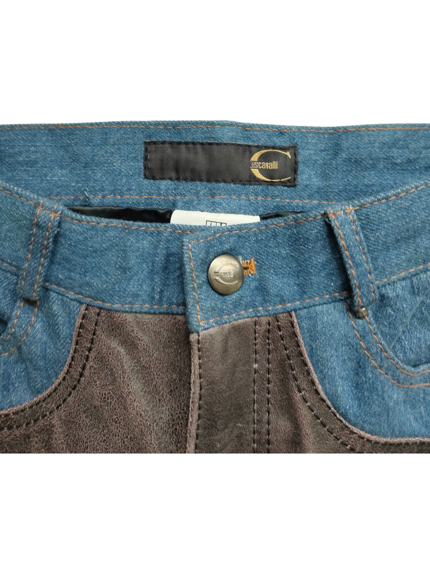 Just Cavalli Brown Leather And Denim Mixed Straight Leg Pants Size 27" / US 4 / IT 40 - 3 Thumbnail