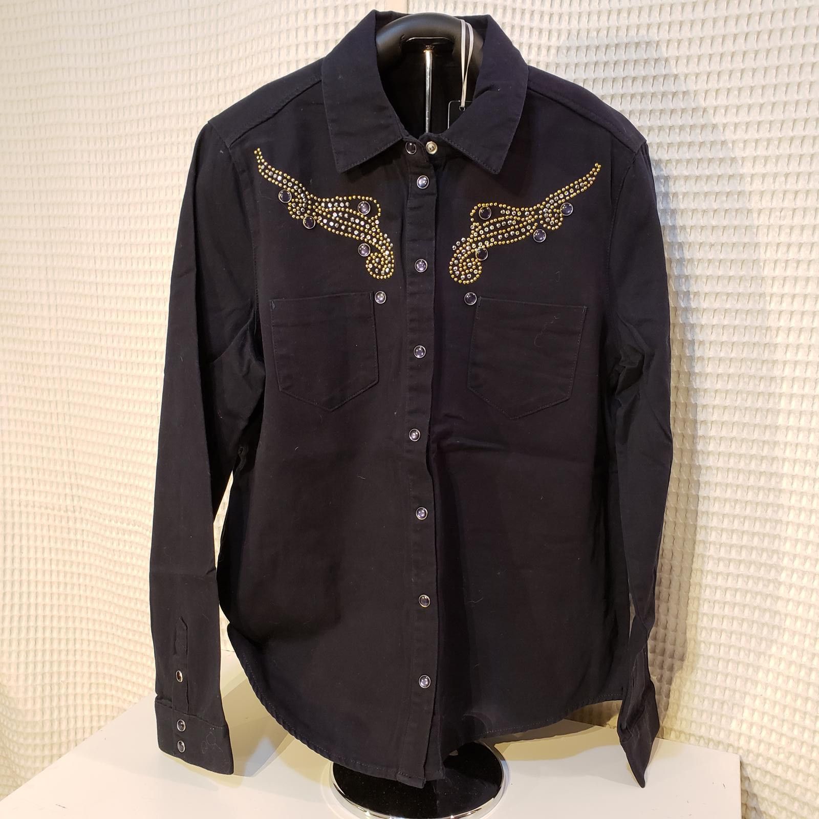 Other Black Long Sleeve Button-Up Shirt with Gold and Rhinestones Size L / US 10 / IT 46 - 1 Thumbnail