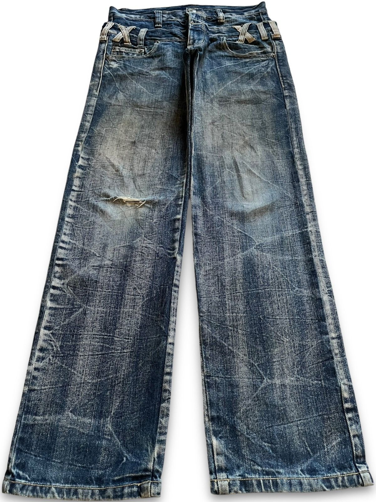 image of Distressed Denim x Ppfm Vintage Rusty Wash Double Waist Loose Jeans in Blue (Size 31)
