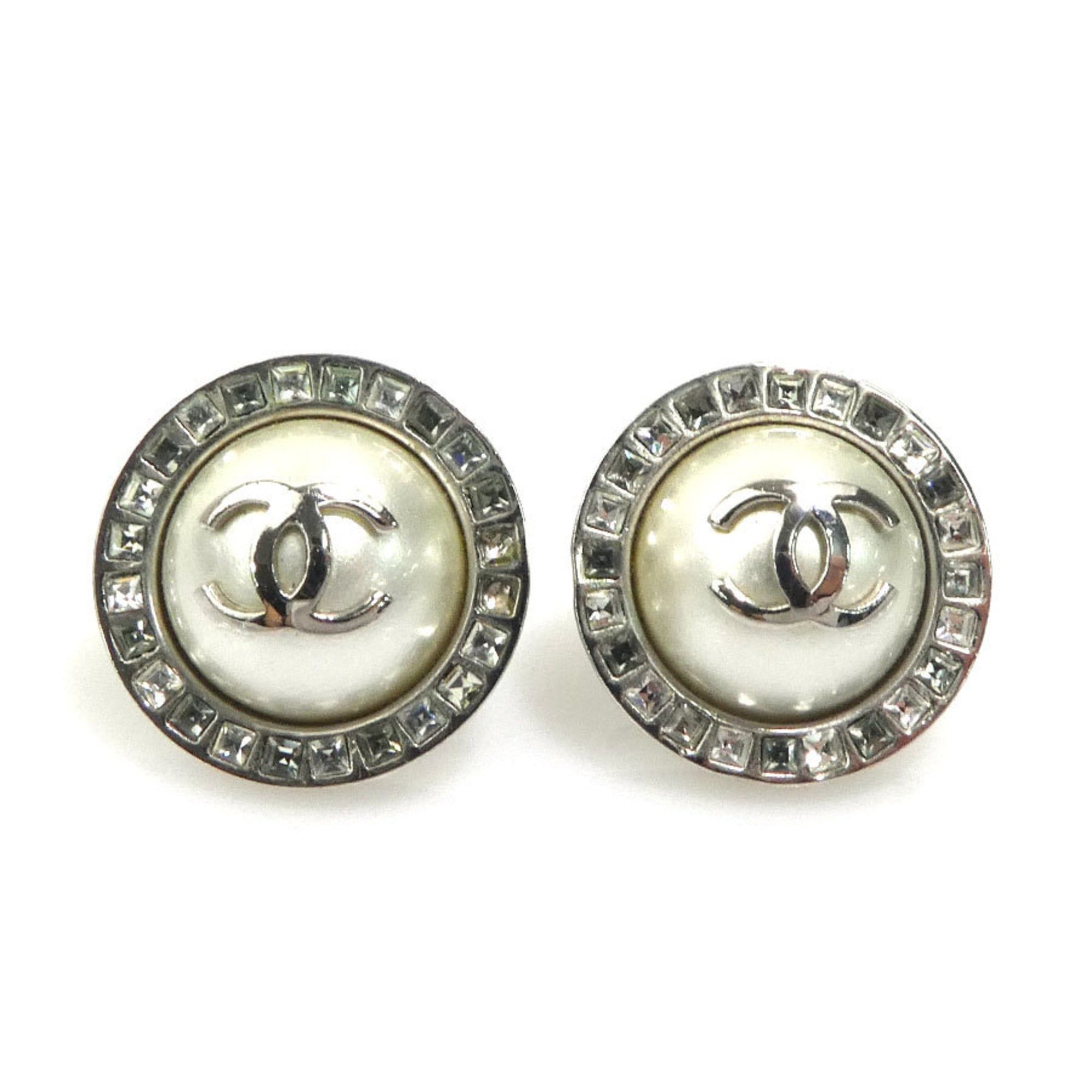 CHANEL Coco Mark Metal/Faux Pearl Earrings Silver/White Women's e61246a