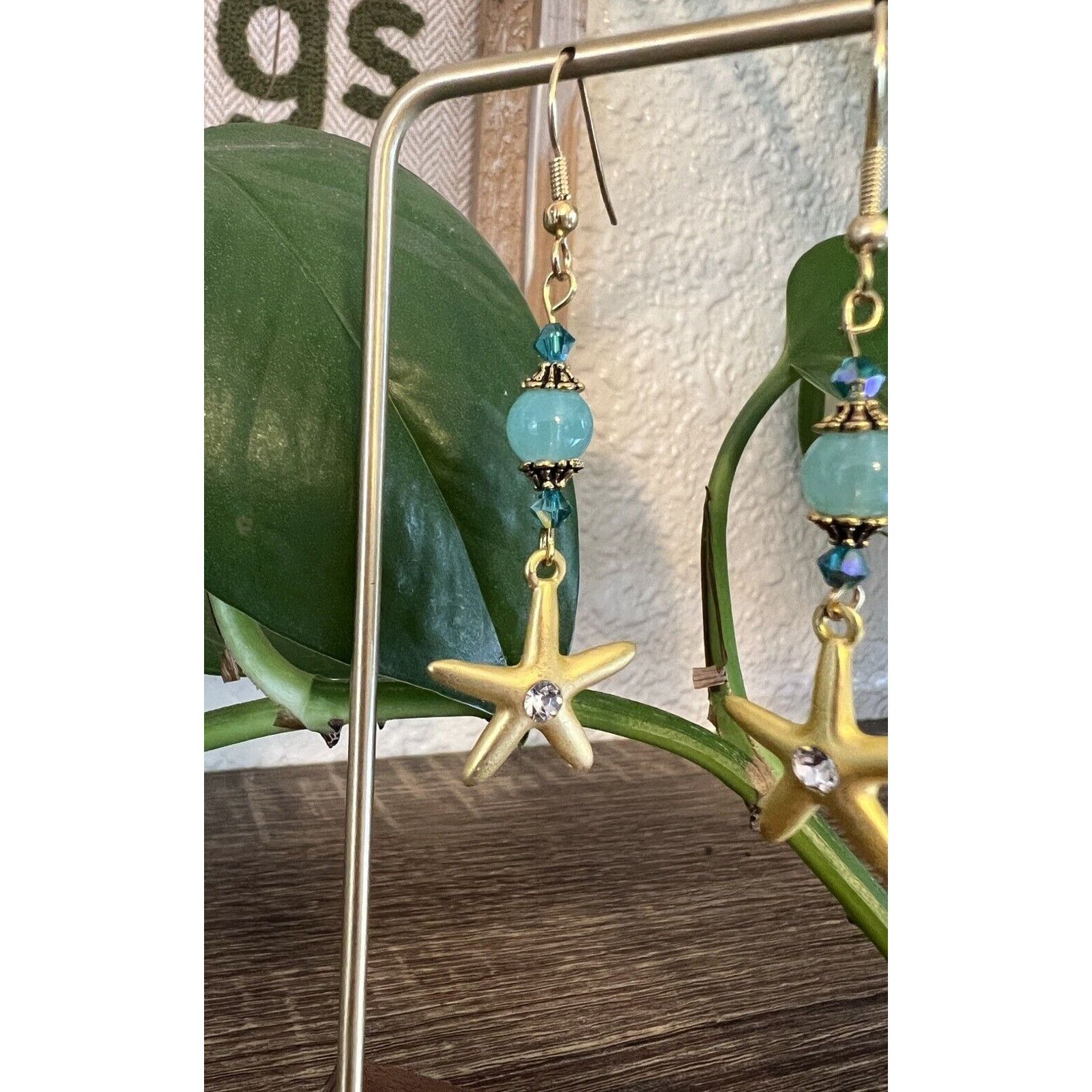 Handmade Glass & Crystal Turquoise Beads Starfish Dangle Earrings Size ONE SIZE - 2 Thumbnail