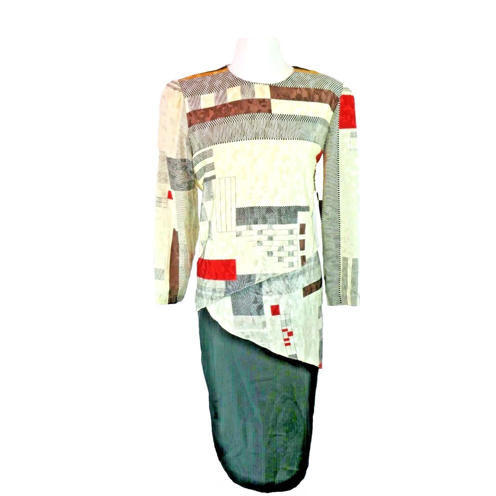 Vintage VINTAGE Regina Roberts Dress Womens 14W Red 80s Dropwaist PLUS Abstract Geometric Career Size XL / US 12-14 / IT 48-50 - 2 Thumbnail
