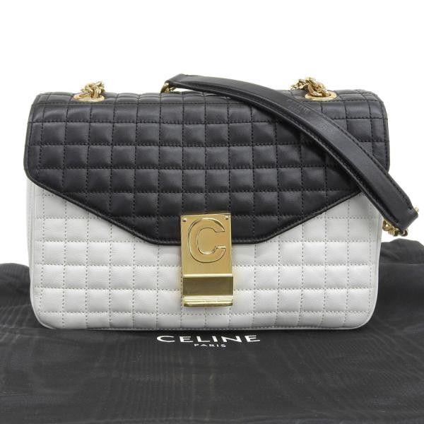 image of Celine Bicolor C Quilted Leather Shoulder Bag in White, Women's