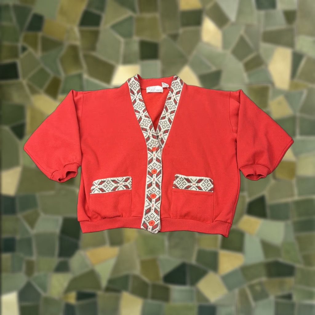 Vintage VINTAGE Red Cardigan Sweater Womens S Puff Sleeve Button Geometric Knit V-Neck Holiday Christmas Shirt? Size S / US 4 / IT 40 - 1 Thumbnail