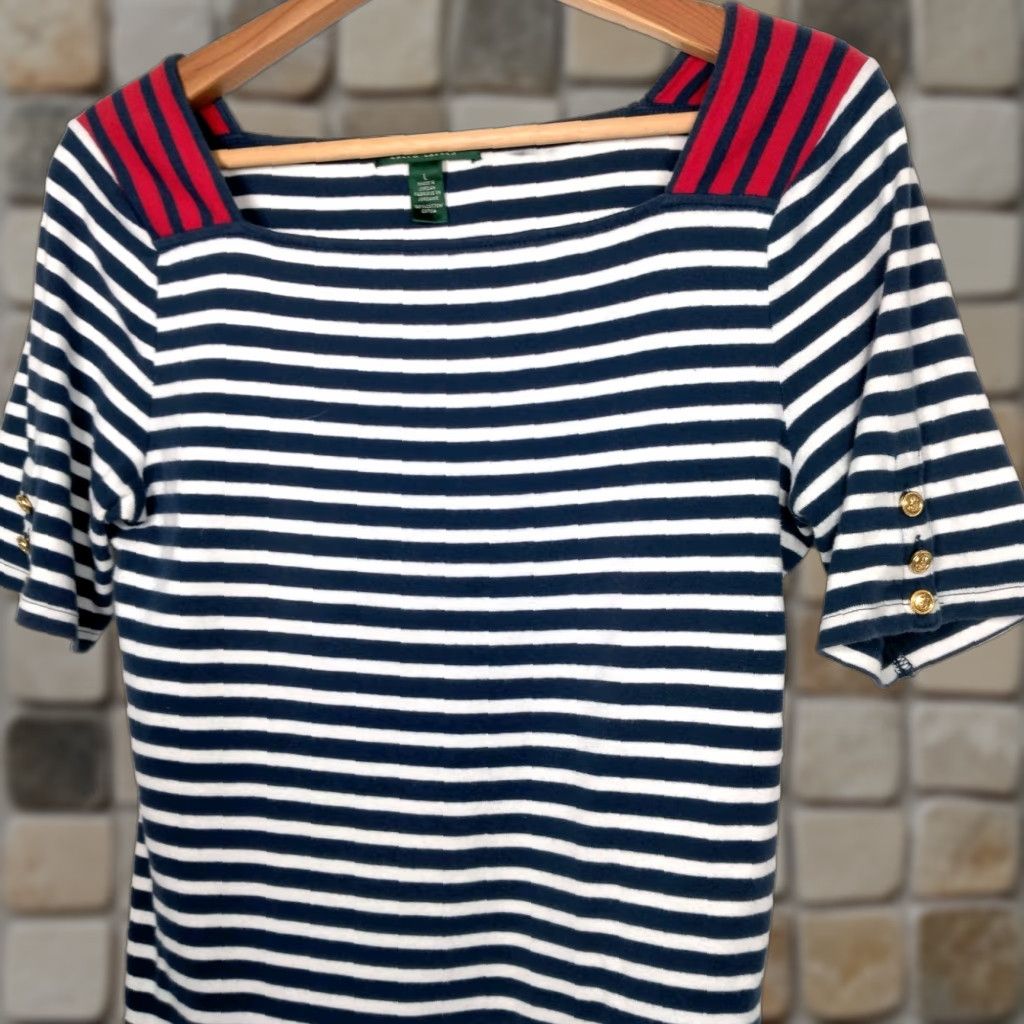 Ralph Lauren VINTAGE Lauren Ralph Lauren Shirt Women L Nautical Striped Cotton Short Sleeve Casual Blue White Gold Buttons Size L / US 10 / IT 46 - 1 Thumbnail