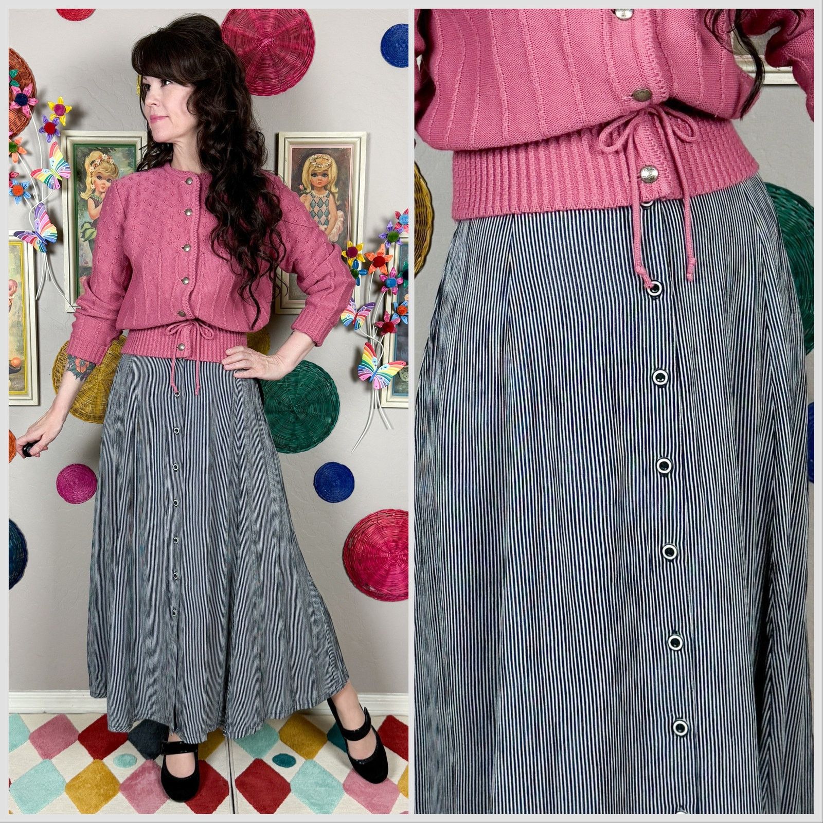 Vintage 1980s Black & Grey Striped Button Front High Waisted Skirt Size 30" / US 8 / IT 44 - 1 Thumbnail