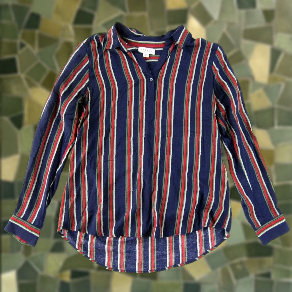 Velvet VINTAGE Velvet Graham & Spencer Blouse Stripe Collar Long Sleeve M Blue Red Green Rayon Size M / US 6-8 / IT 42-44 - 1 Thumbnail