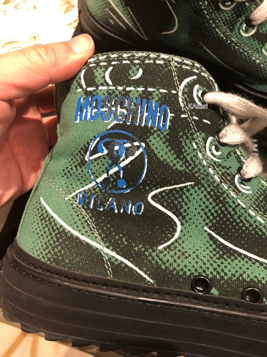 Moschino Moschino Green Printed Canvas High-Top Sneakers Size US 8 / EU 41 - 9 Thumbnail