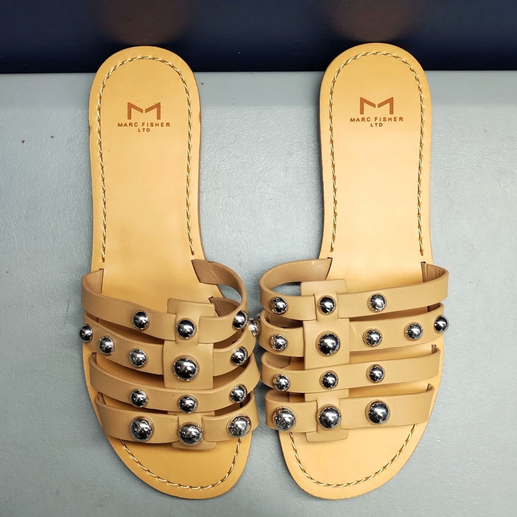 Marc Fisher Marc Fisher LTD Pava Slide Sandals Womens Size 7.5M Brown Leather Studded Slip On Size US 8 / IT 38 - 6 Thumbnail