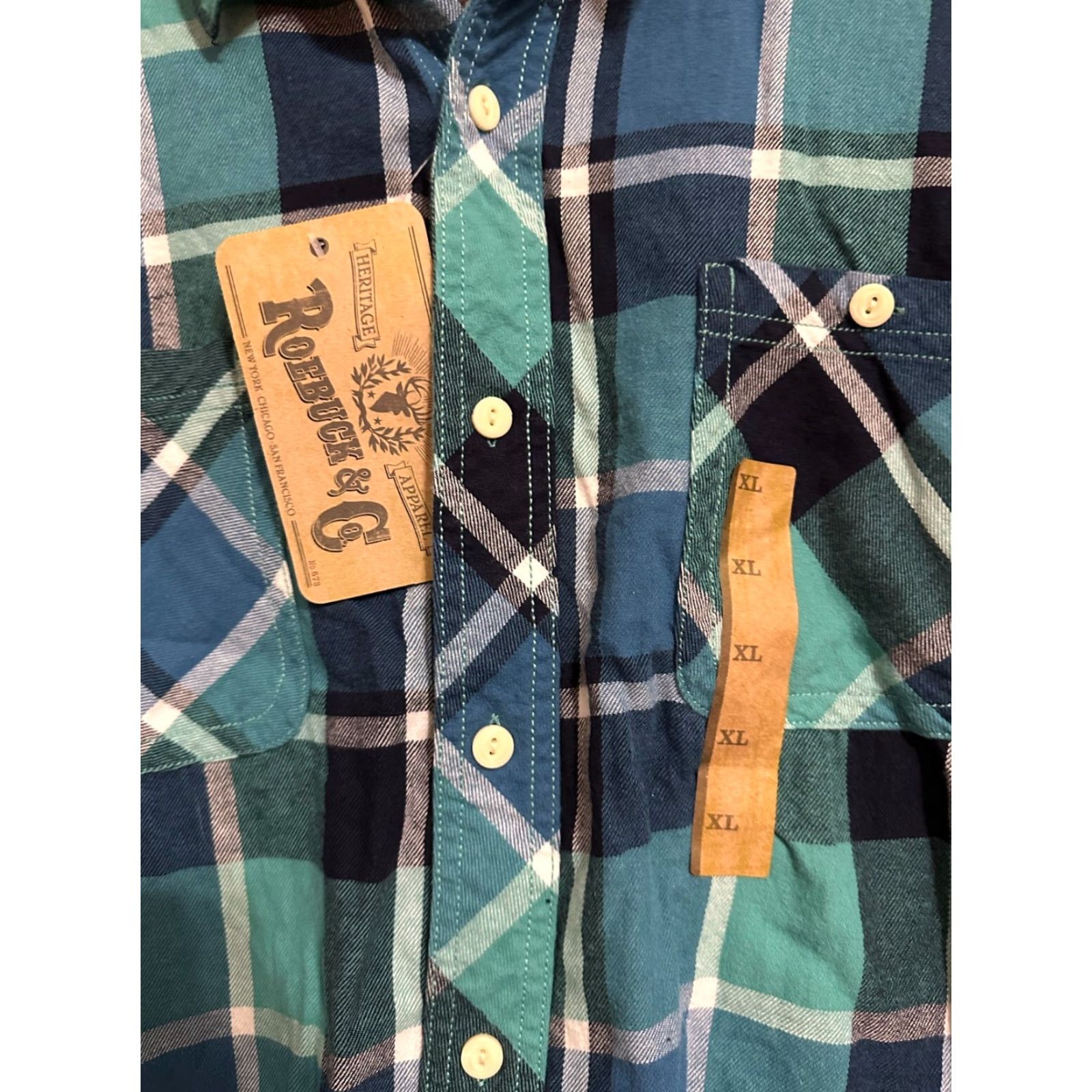 CO Roebuck & Co Shirt Button-Up Flannel Blue Plaid 100% Cotton XL Mens Long Sleeve Workwear Button-Front Size US XL / EU 56 / 4 - 2 Thumbnail
