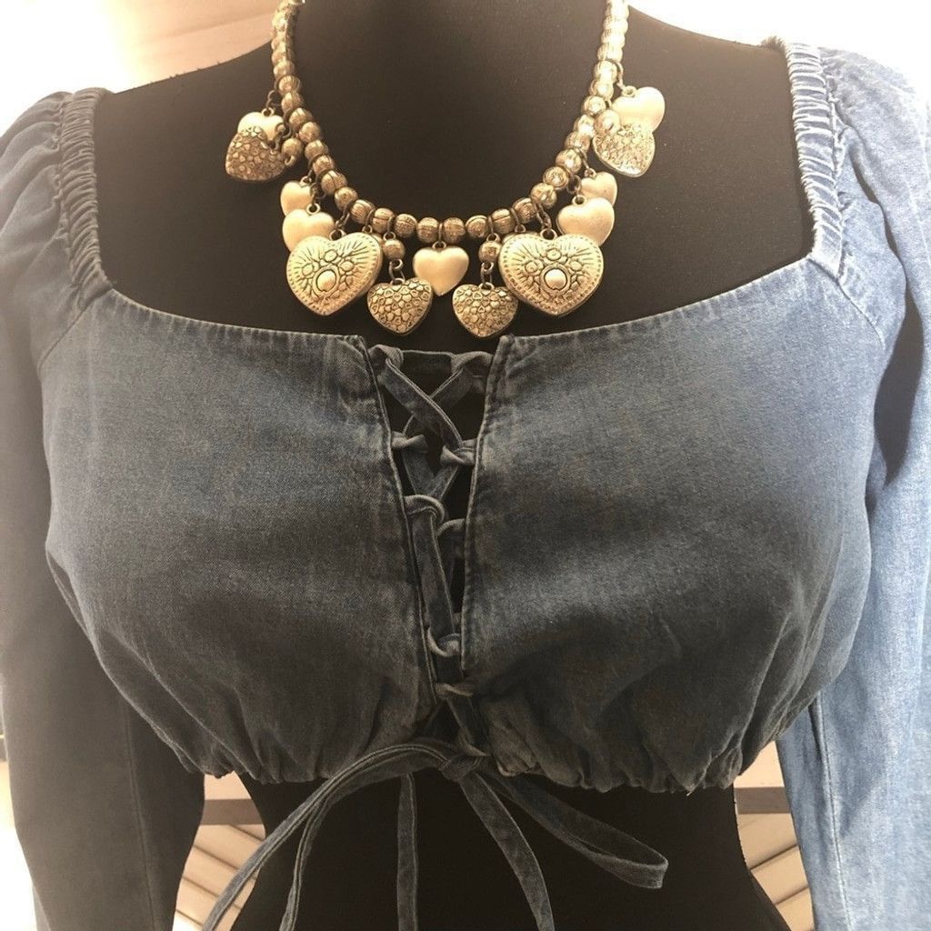 Vintage Cropped Top Front Tie Long Sleeves Chambray Blue sz S Size S / US 4 / IT 40 - 8 Thumbnail