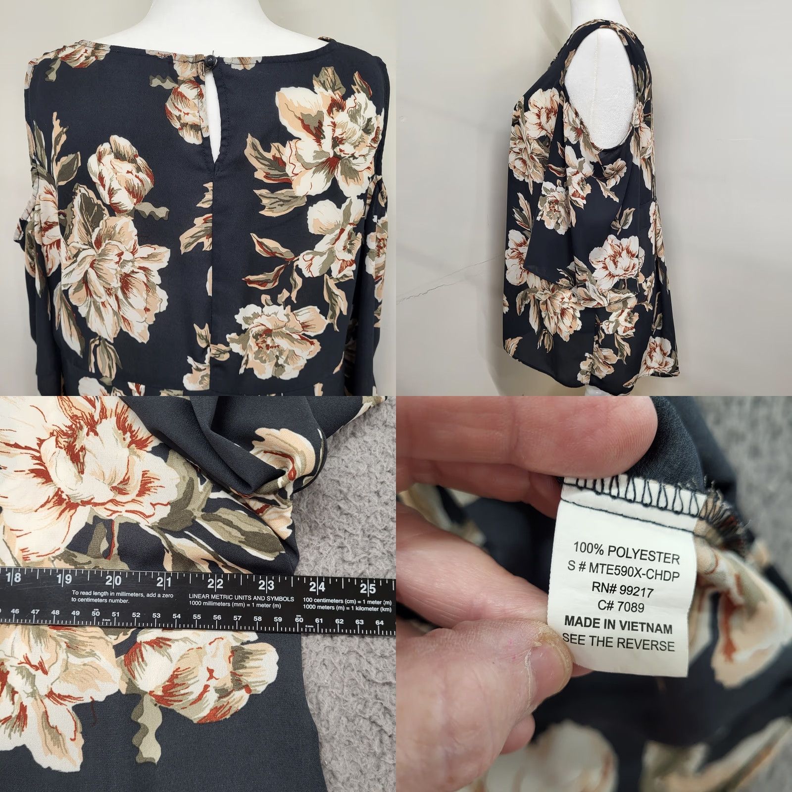Vintage Moa Moa Women 2X Black Floral Cold Shoulder Semi Sheer Keyhole Back Elegant Blouse Shirt (2XL, Regular) Size XXL / US 16-18 / IT 52-54 - 8 Thumbnail