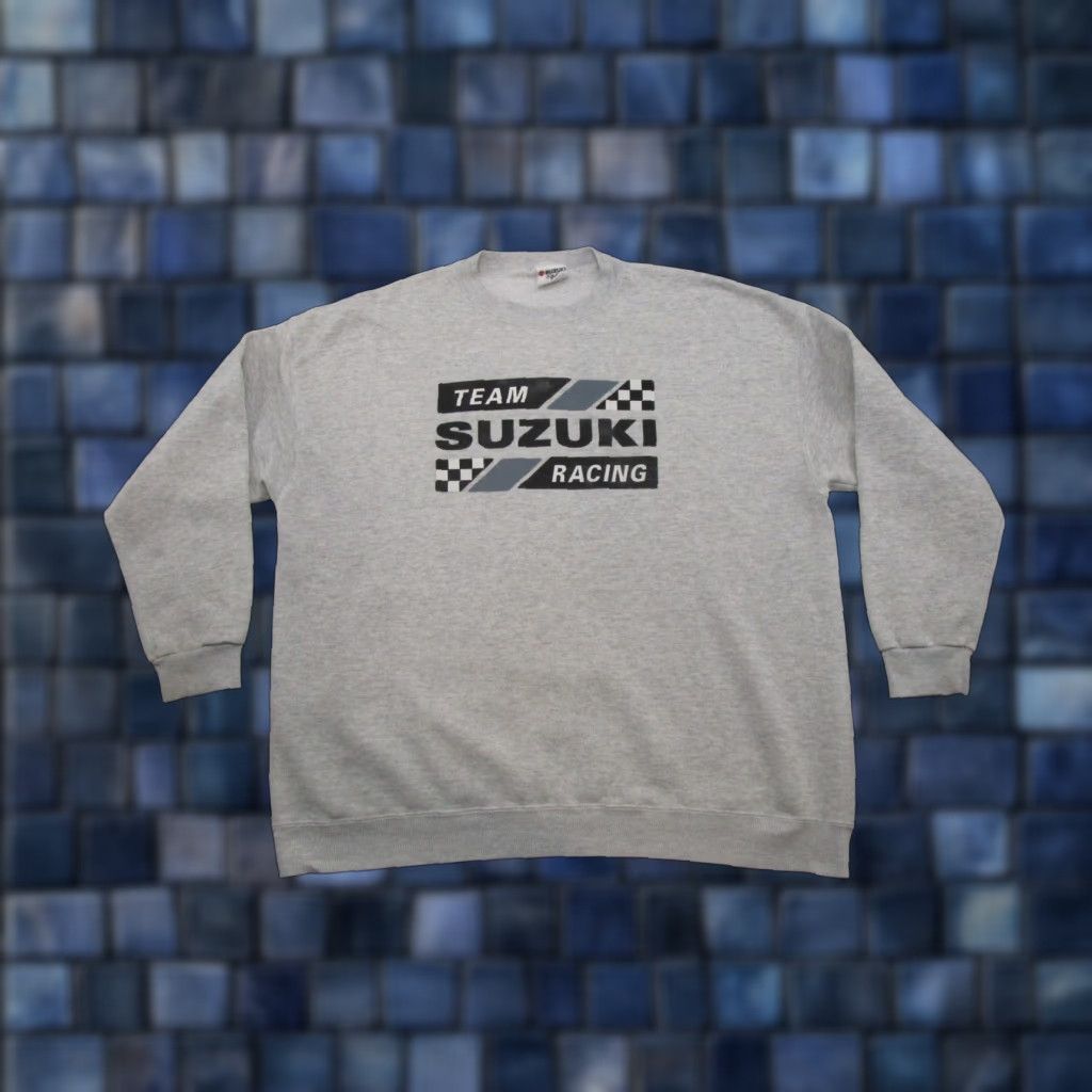 VINTAGE Suzuki Sweatshirt Mens Size 2XL Gray Racing 1990s Checkered Flag Hooded Pullover Sports Crew Neck (All Seasons)