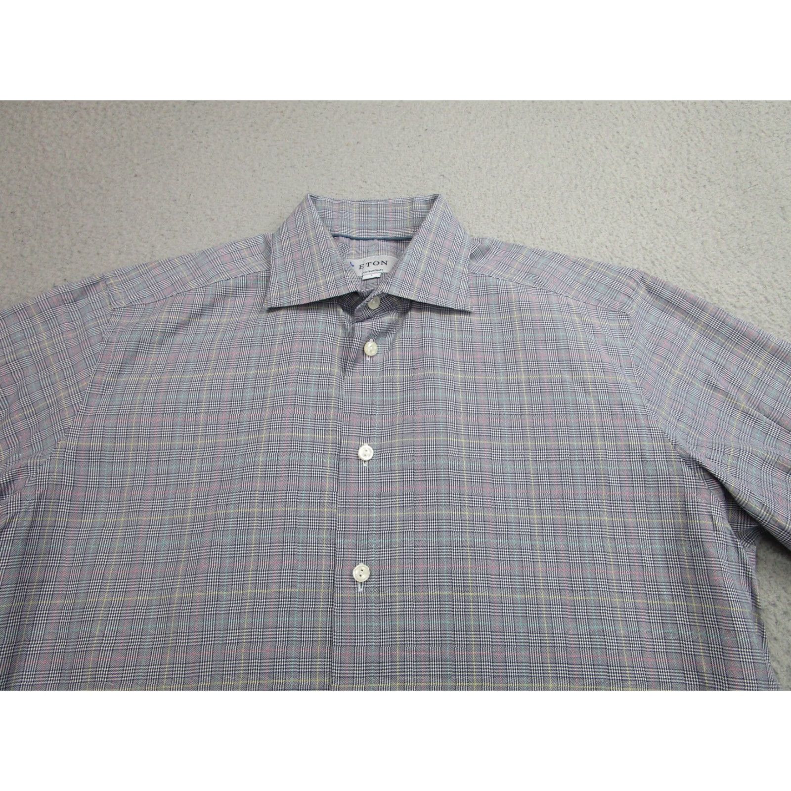 Eton VINTAGE Eton Shirt Mens Large Multi Plaid Dress Shirt 100% Cotton Long Sleeve Blue Mens L 16 Neck - 1970s? Size 42R - 2 Thumbnail