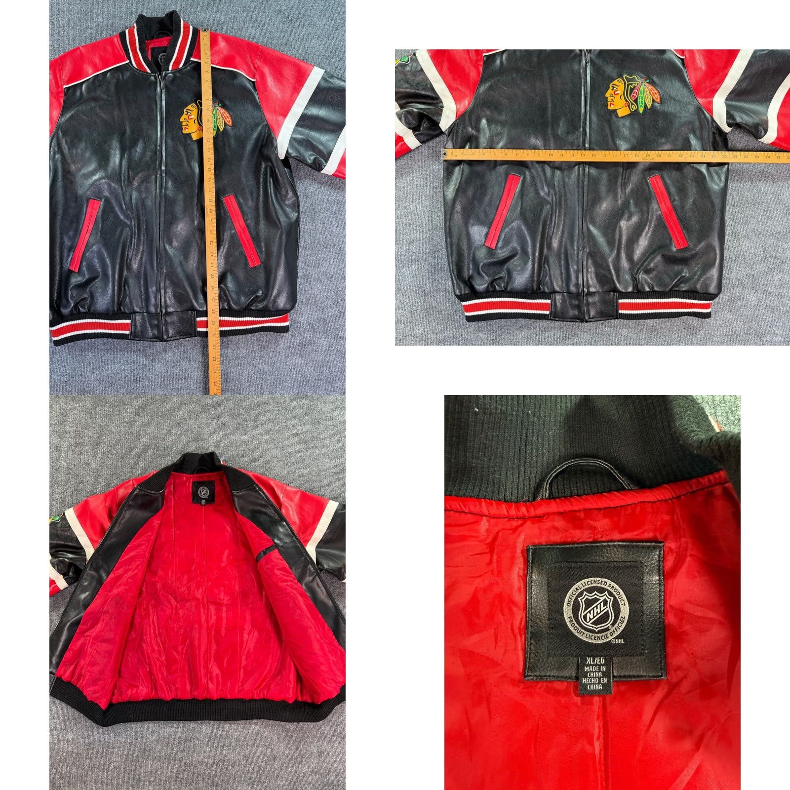 NHL Chicago Blackhawks Jacket Mens XL Black Red Faux Leather Varsity Bomber Zip NHL Size US XL / EU 56 / 4 - 8 Thumbnail