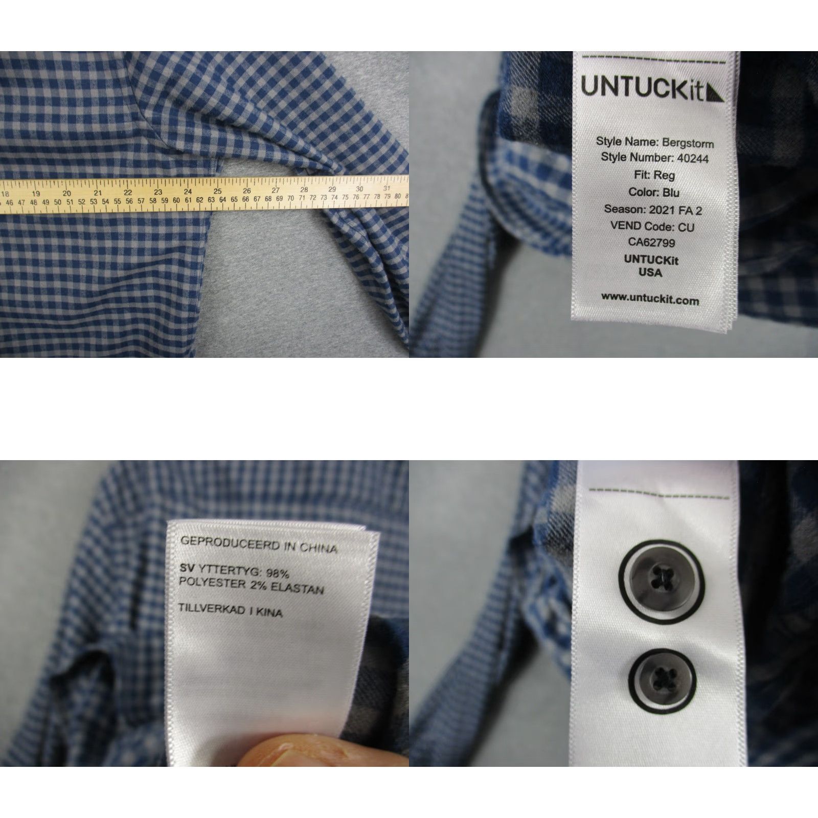 UNTUCKit UNTUCKit Shirt XL Mens Blue Plaid Long Sleeve Button-Up Regular Fit Size US XL / EU 56 / 4 - 8 Thumbnail