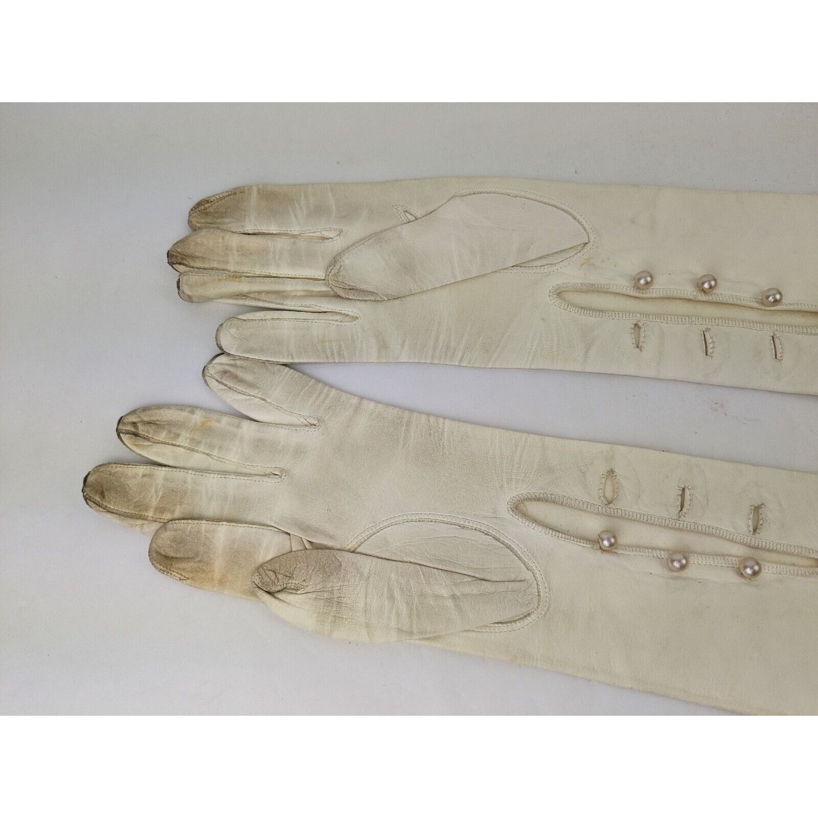 Other Vtg L Bamberger Kid Leather 21.5" Length Gloves Pearl ITALY Size ONE SIZE - 2 Thumbnail