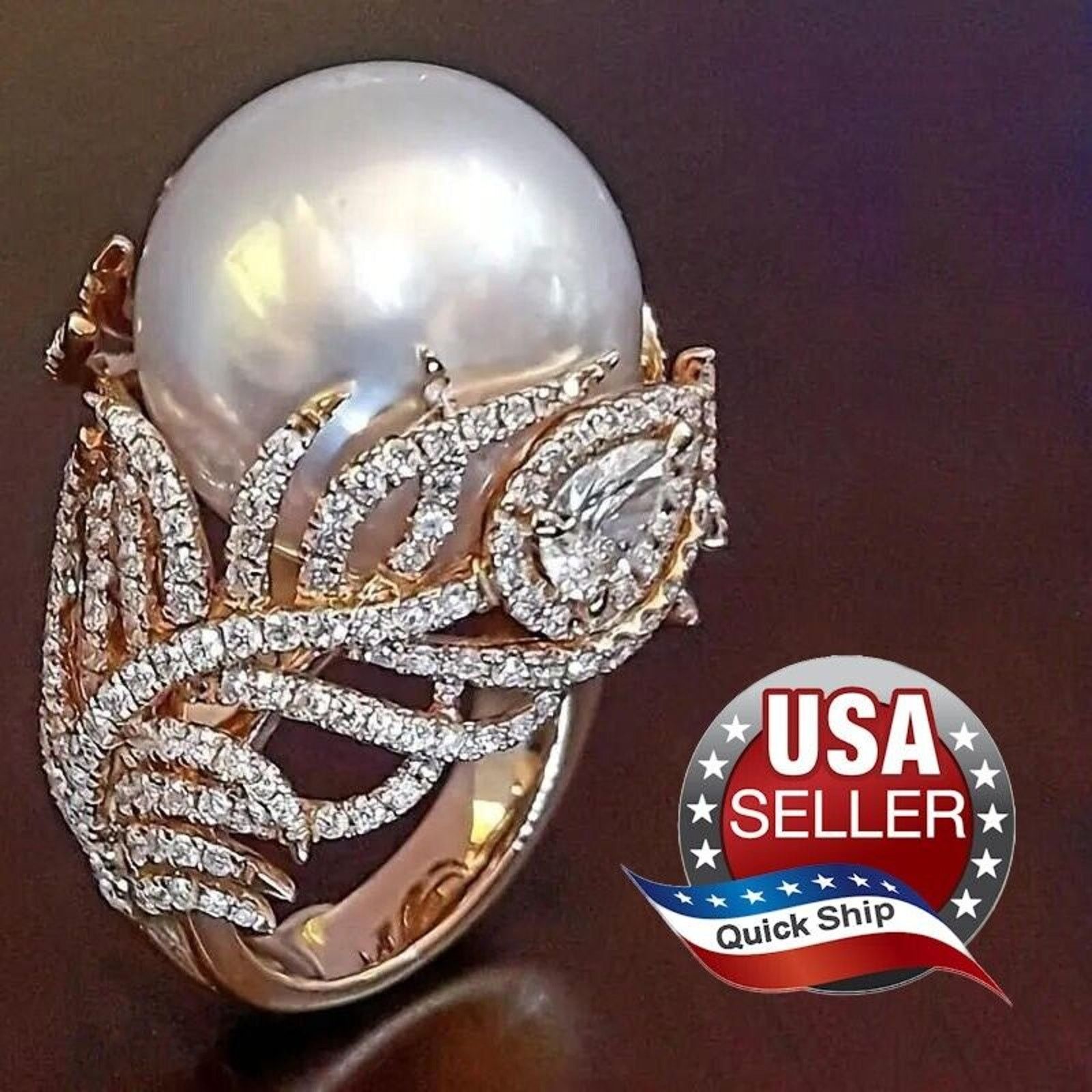 Other Rhinestone Rose GoldTone Giant Faux White Pearl Ring •Sz 5.5 Size ONE SIZE - 1 Thumbnail