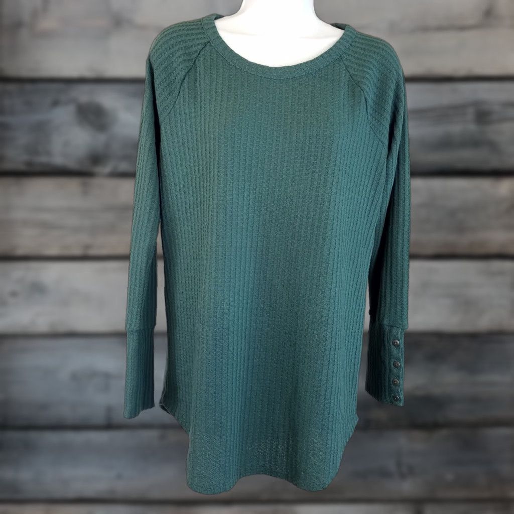 Vintage Chaser Women's Waffle Knit Top Blouse Long Sleeve Teal Green Size L Casual Thermal Knit Shirt Womens Size L / US 10 / IT 46 - 1 Thumbnail