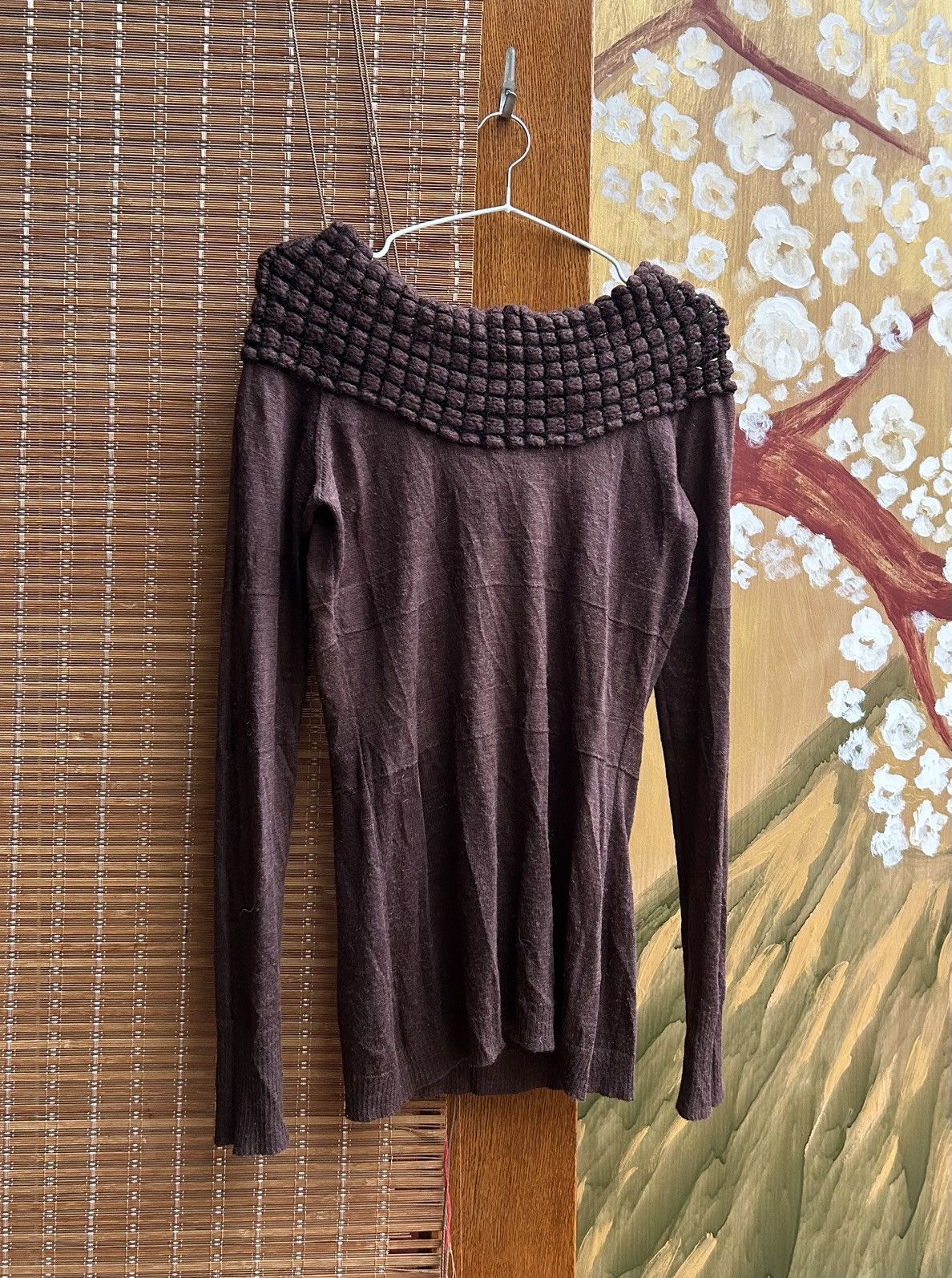 Y2K Miss Sixty Brown Off The Shoulder Back Tie Bow Knit Top