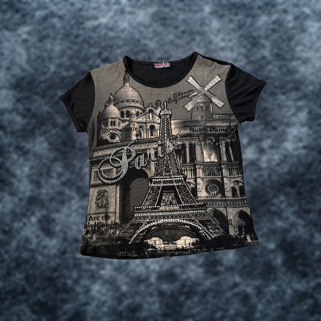 Gloverall VINTAGE Attitude Paris T Shirt Womens XL Black Cotton Rhinestone Y2K All Over Graphic Fitted Short Sleeve Size XL / US 12-14 / IT 48-50 - 1 Thumbnail
