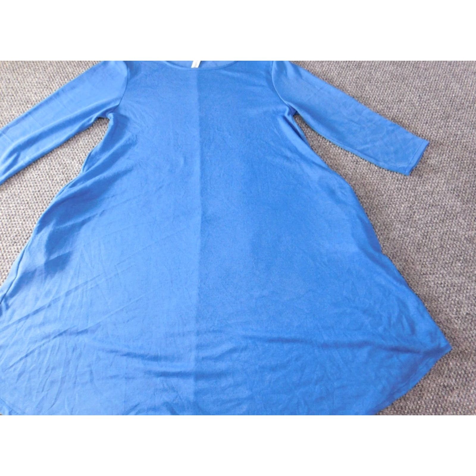 Vintage zenana outfitters dress Midi Blue stretch A-Line Womens M Crew Neck Zip Puff Sleeve Crochet Solid Newport? Size M / US 6-8 / IT 42-44 - 2 Thumbnail
