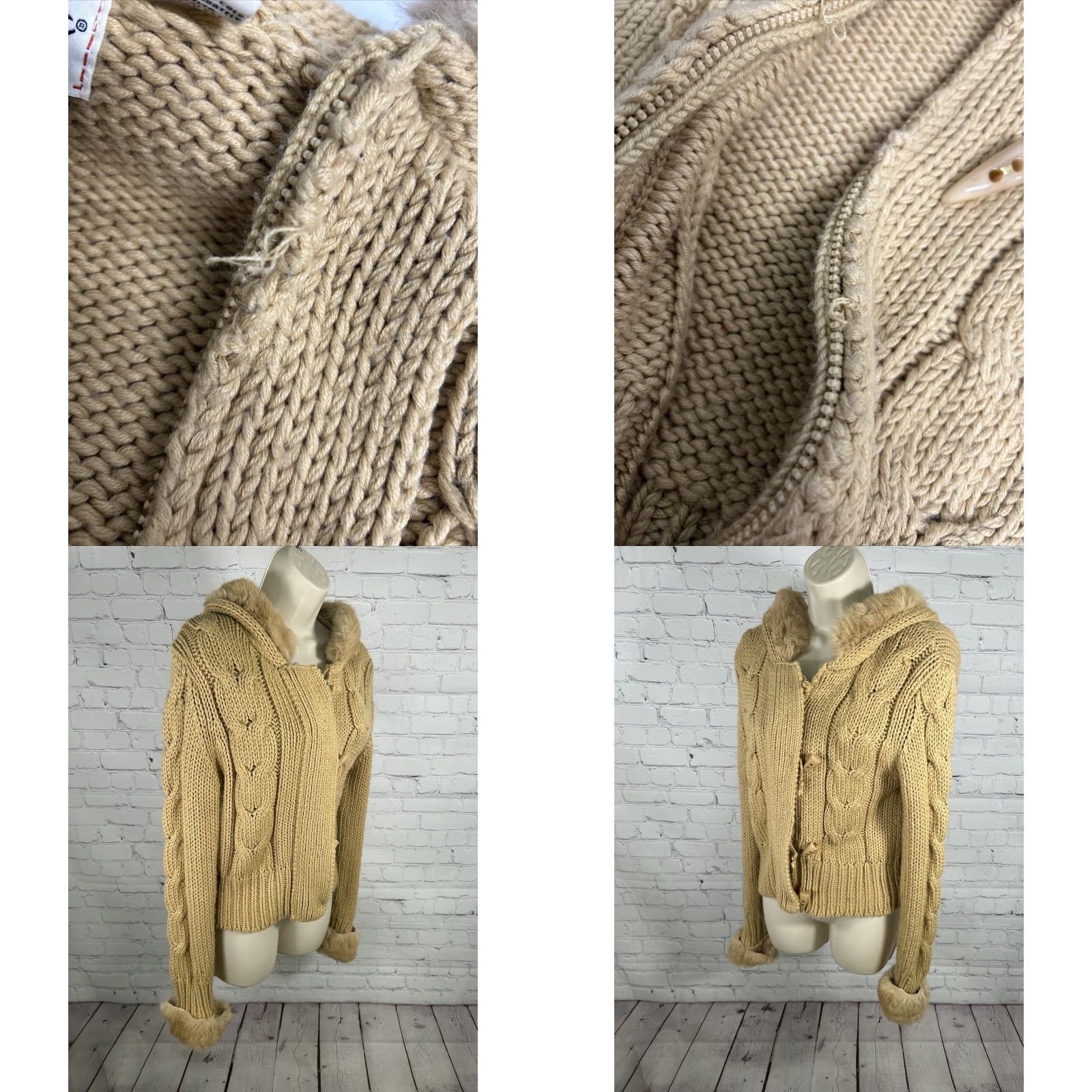 Vintage Kenji Full Zip Sweater Women Handmade Hand Knit Hooded Tan Brown Faux Rabbit Fur Accents Chunky Knit S XL Vintage: No Mens Womens? (Wait) Size S / US 4 / IT 40 - 9 Thumbnail