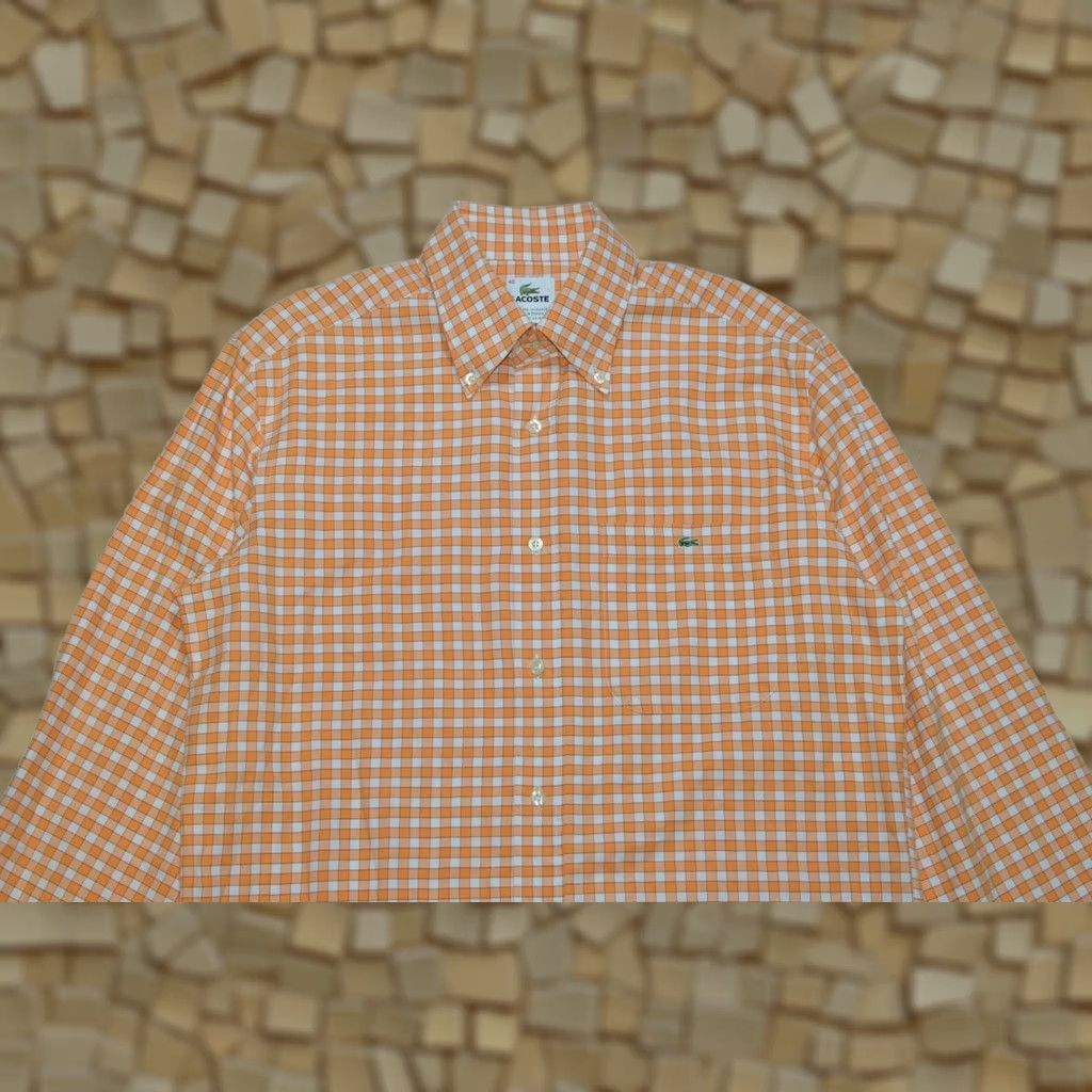 Lacoste Lacoste Men's Checkered Cotton Shirt 40 Button-Up Orange White, Long Sleeve, Regular Size, Vintage No, Made in Tunisia, 100% Cotton, Mens Size US L / EU 52-54 / 3 - 1 Thumbnail