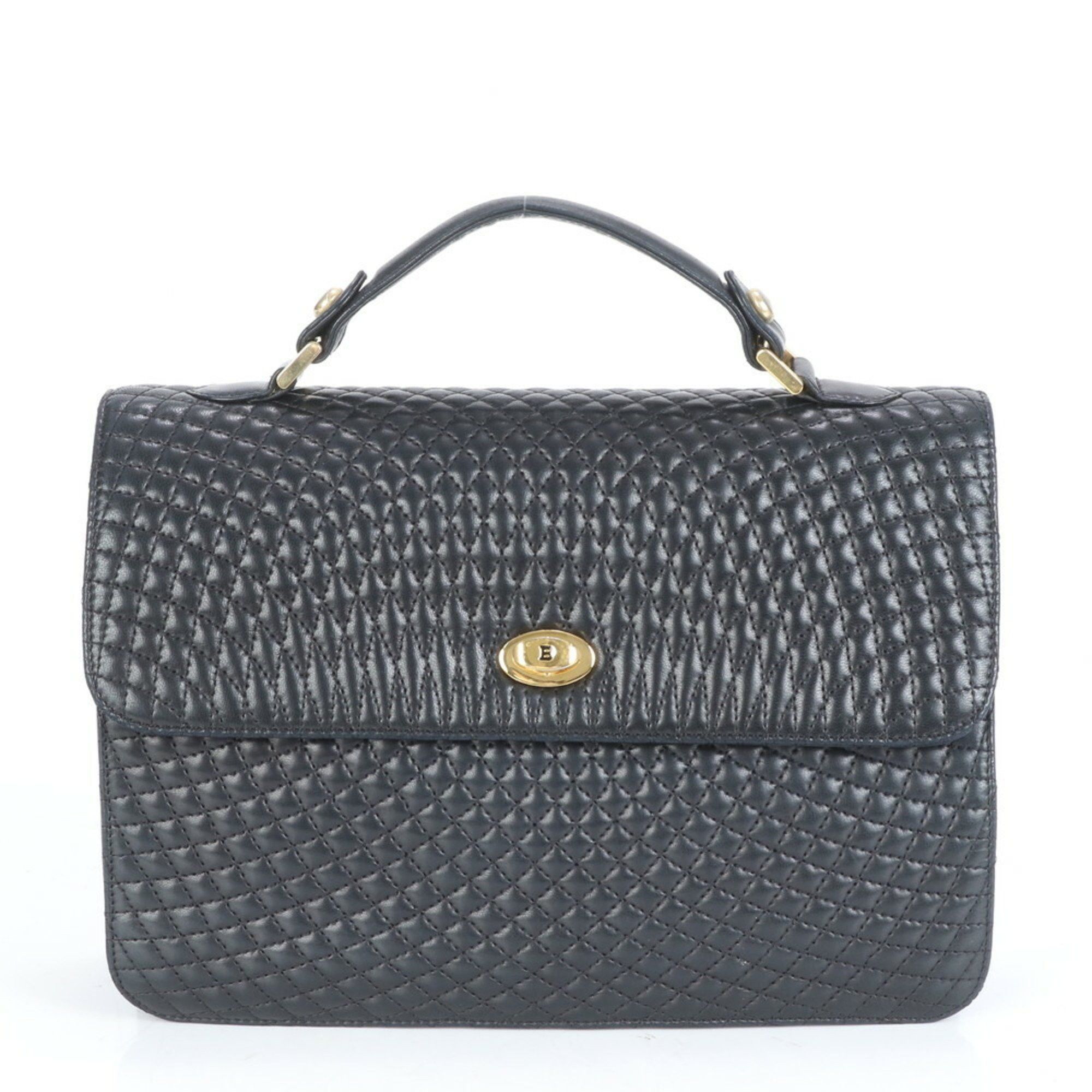 Bally Quilted Leather Handbag Tote Bag Gold Hardware Black Women's