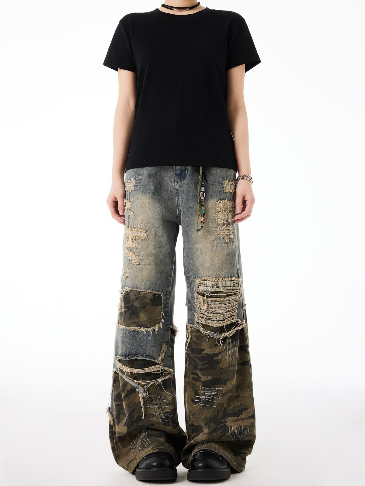 Vintage Camouflage Patchwork Distressed Jeans Size US 31 - 4 Thumbnail