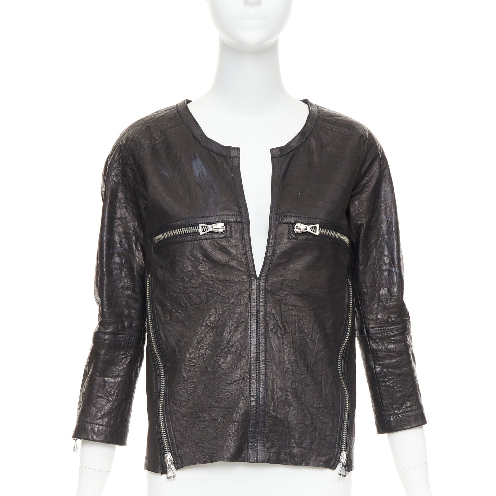 Isabel Marant ISABEL MARANT black crinkled leather biker zip pullover jacket FR1 S Size S / US 4 / IT 40 - 1 Thumbnail