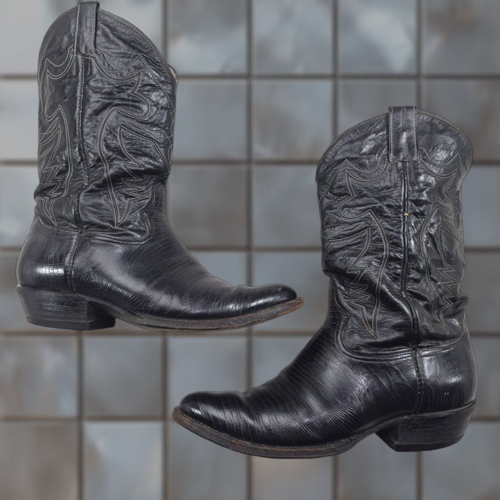 VTG El Paso Lizard Cowboy Boots Mens 10 E Black Leather Pointed Toe Western Boot