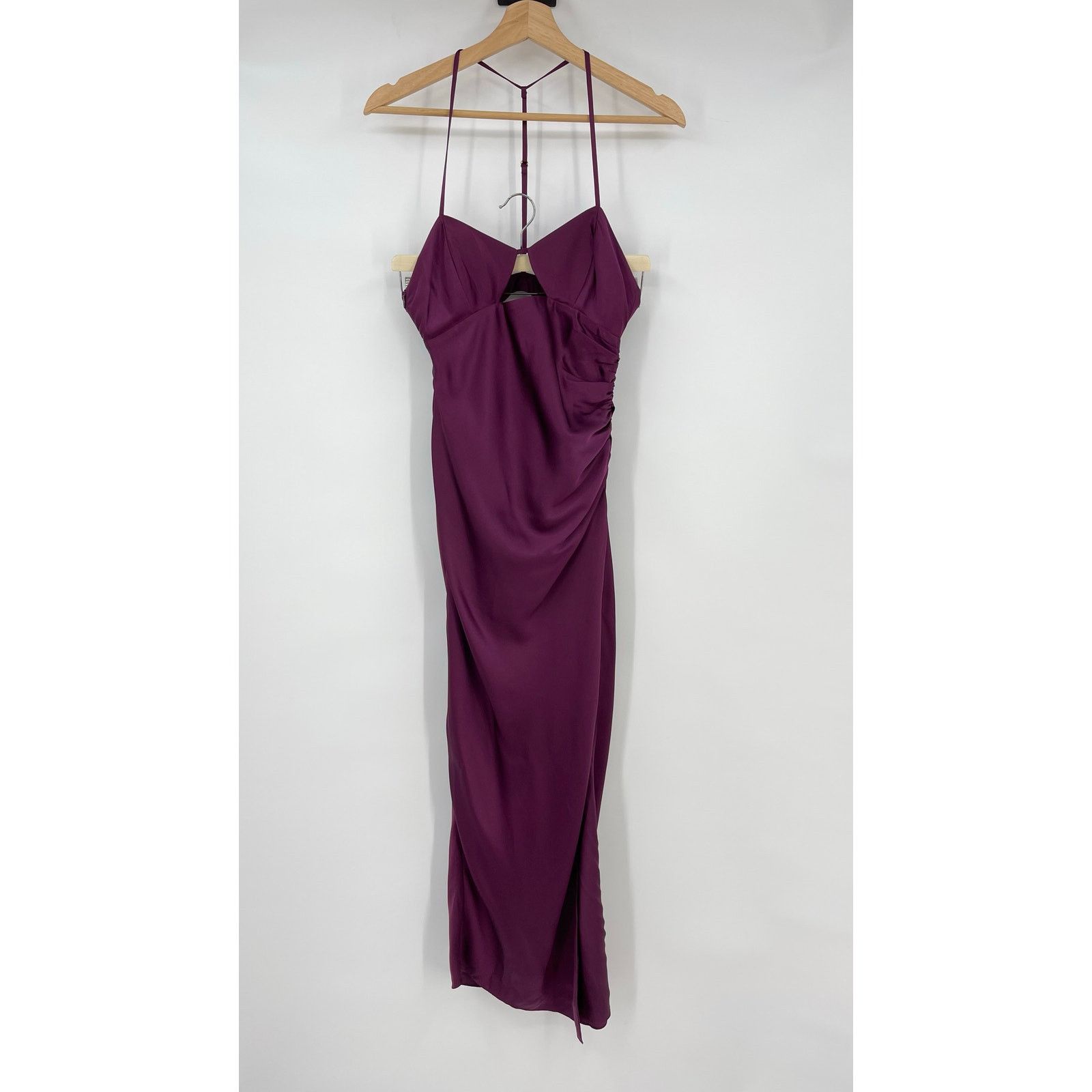 The Sei Ruched Cut Out Silk Midi Dress in Burgundy 2