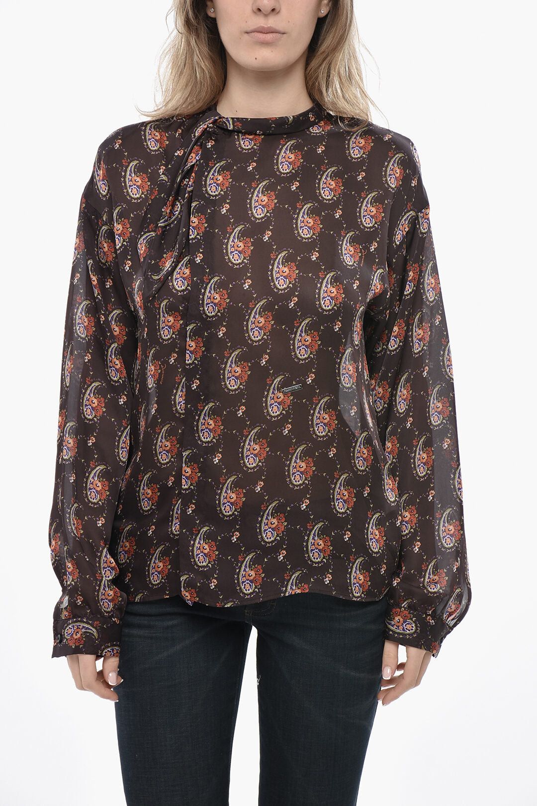Tie-Neck Blouse with Paisley and Floral Pattern and Asymmetric Buttoning