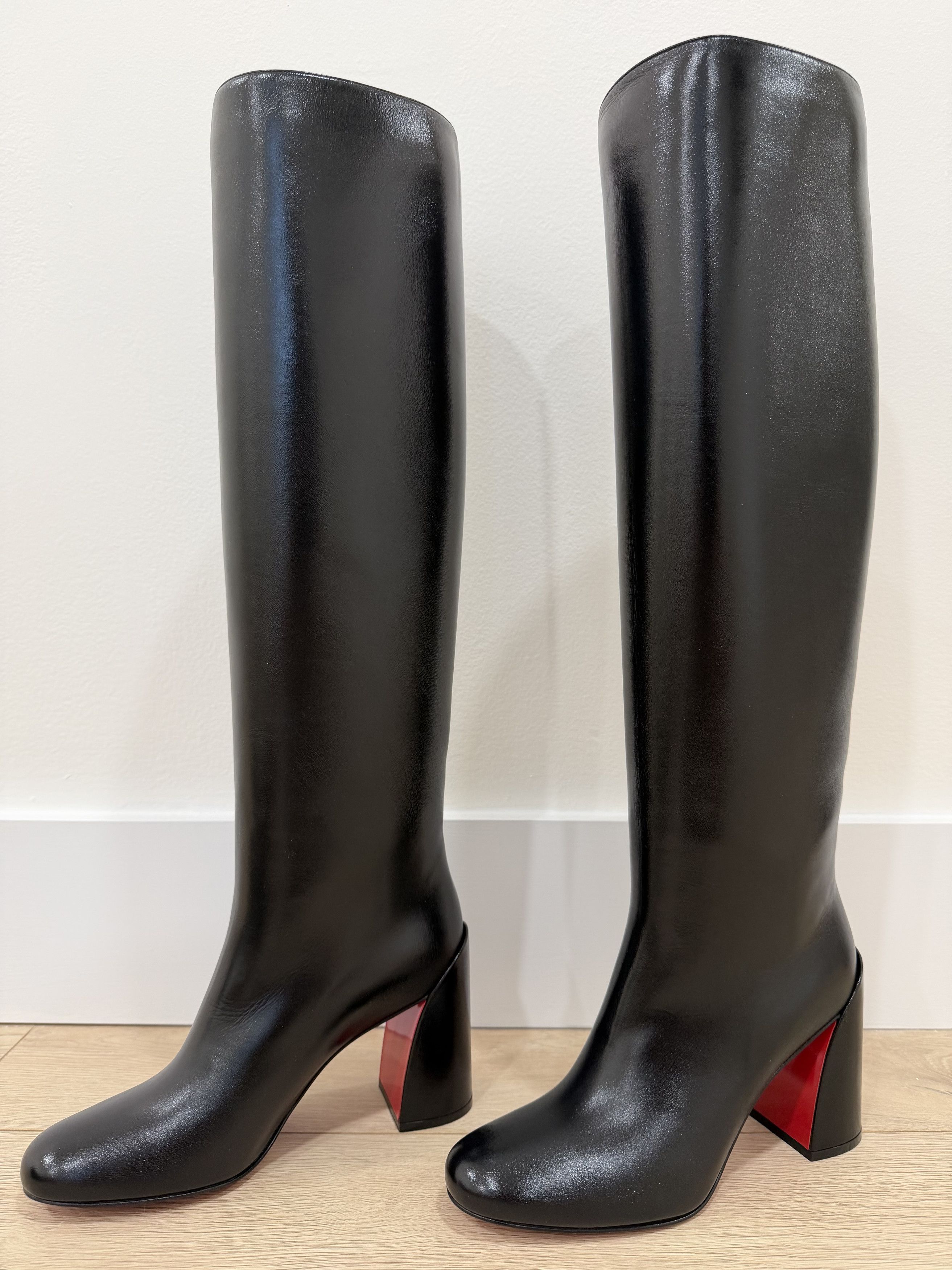 Janitta 85 Black Leather Knee High Block Heel Boot 38.5