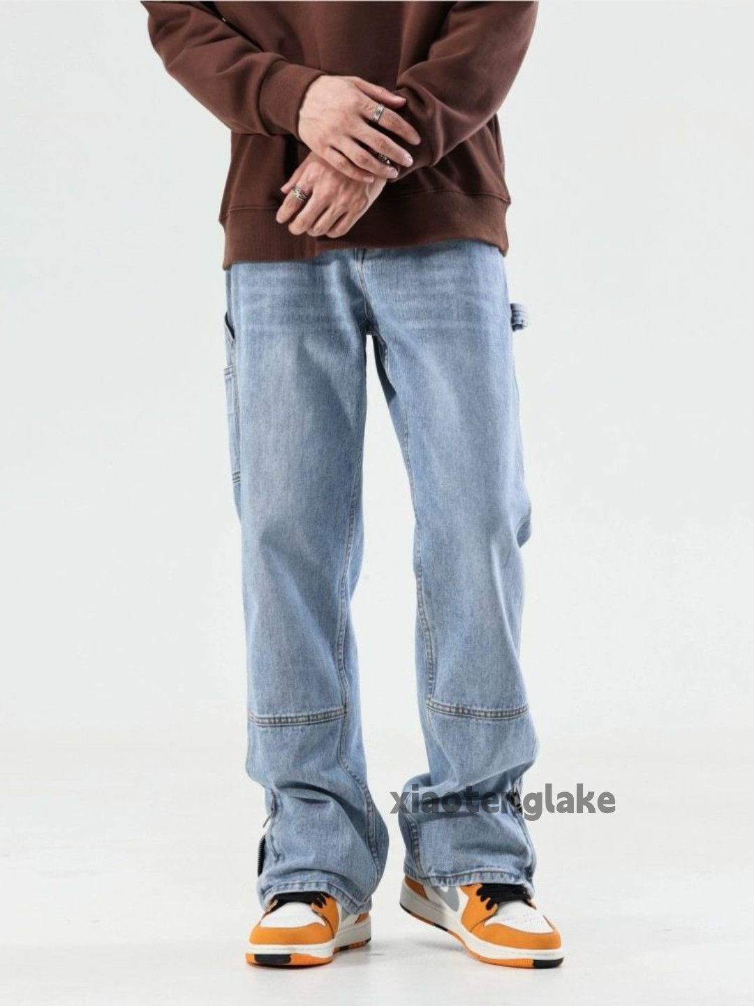 zipper washed faded skate hiphop flared jeans