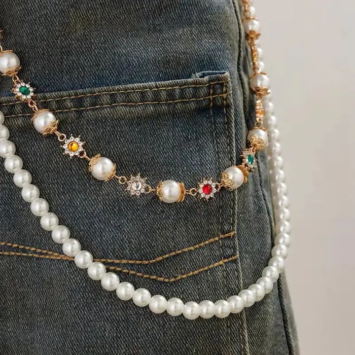 Jewelry Imitation Pearl Rhinestone Flower Jeans Chain Waist Chain Size ONE SIZE - 2 Thumbnail