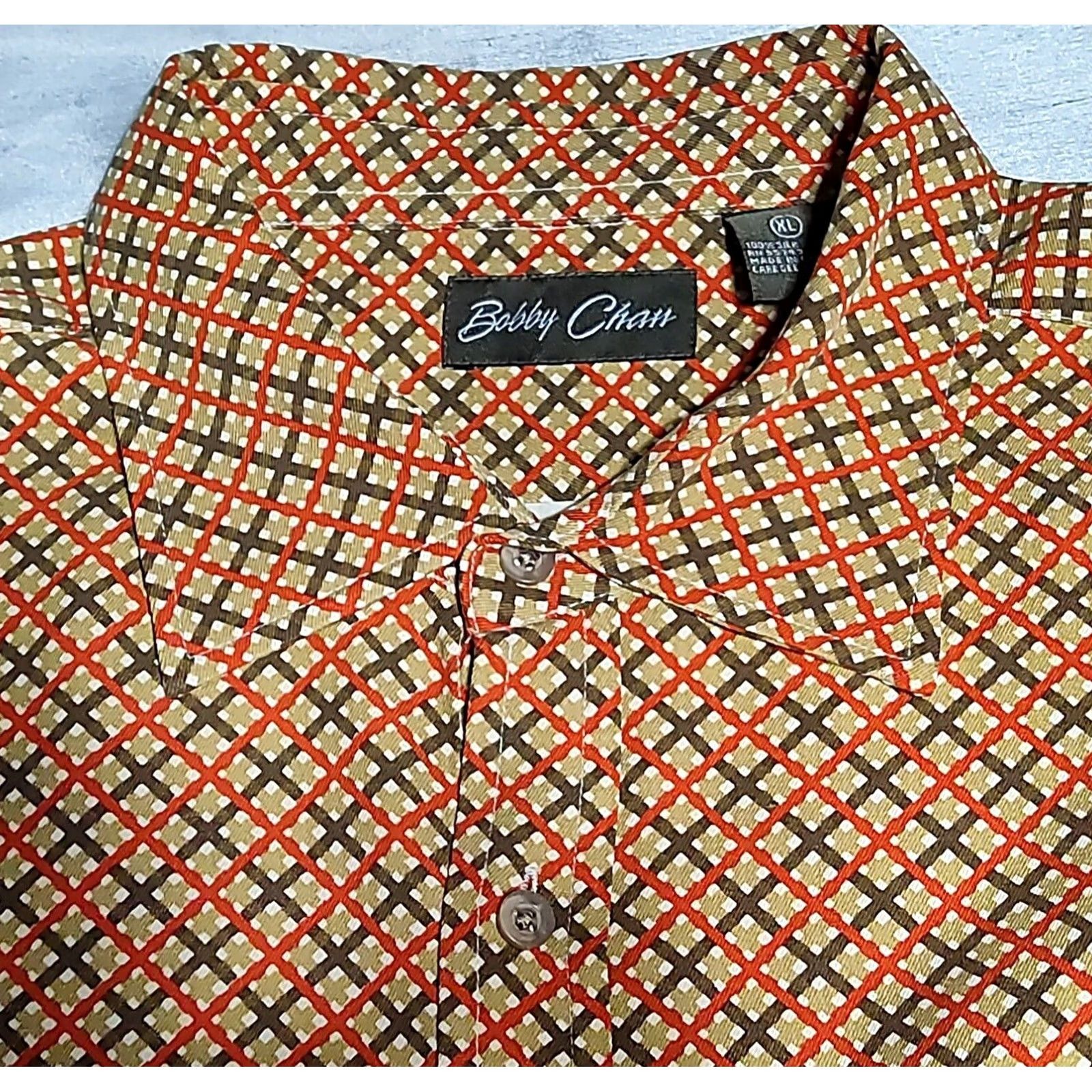 Vintage Bobby Chan Silk Button-Up Shirt XL Orange Brown Diagonal Check Men EUC Size US XL / EU 56 / 4 - 6 Thumbnail
