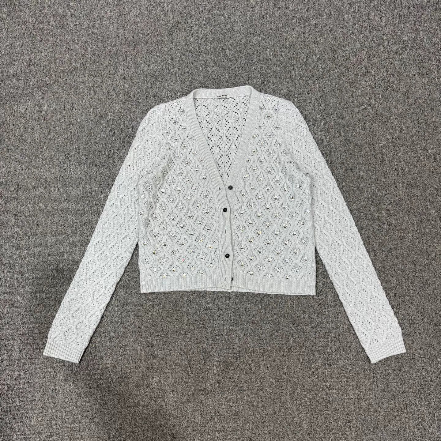 Miu Miu MIU MIU Haze Blue Crystal-Studded Wool Knit Cardigan 44 Size M / US 6-8 / IT 42-44 - 1 Thumbnail