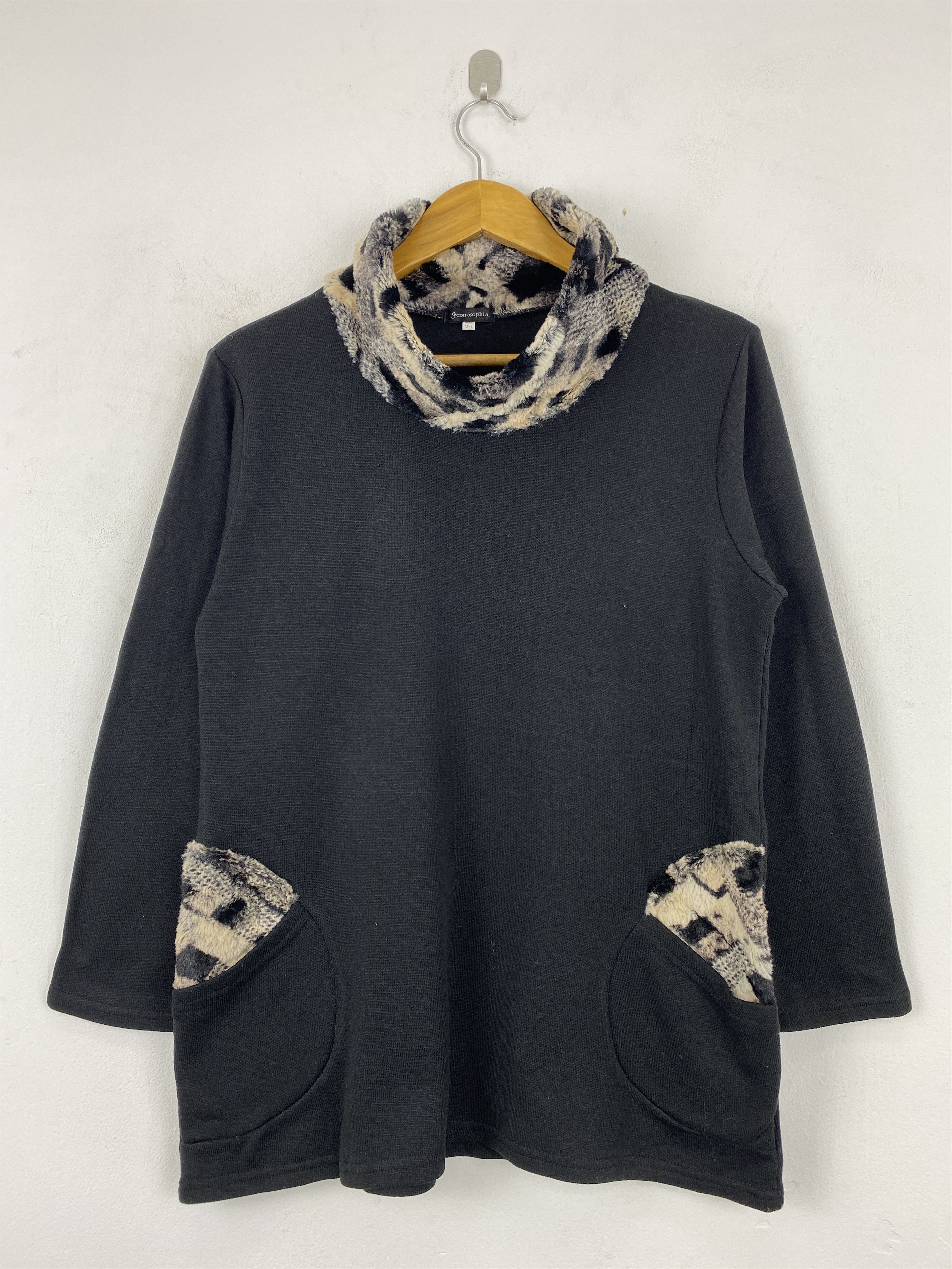 Japanese Brand Black Tunic Top with Faux Fur Cowl Neck and Leopard JA0177 Size US L / EU 52-54 / 3 - 1 Thumbnail