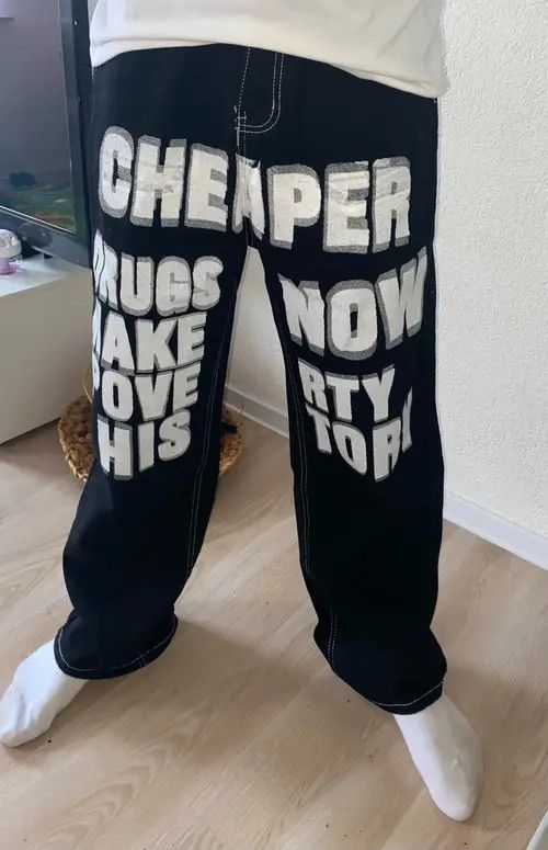 Jean Y2K Black Jeans Hip Hop Letter Printed Pants Size US 35 - 4 Thumbnail