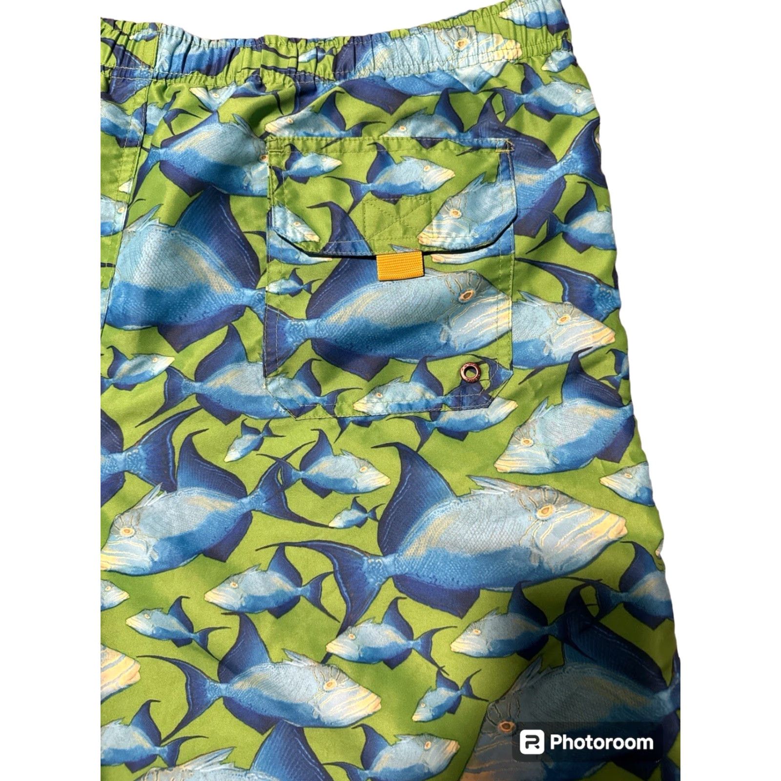 Polo Ralph Lauren VINTAGE Ralph Lauren Polo Sport Fish Print Swim Trunks L Blue Green Trunks Mens Back Pocket Lightweight Pockets 100% Polyester Size US L / EU 52-54 / 3 - 5 Thumbnail