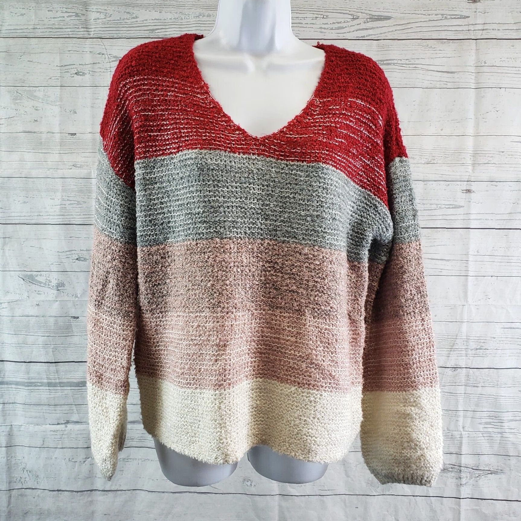 Vintage Knox Rose Womens Pullover Sweater Sz Small Red Pink Stripe V-Neck Long Sleeve Size S / US 4 / IT 40 - 2 Thumbnail