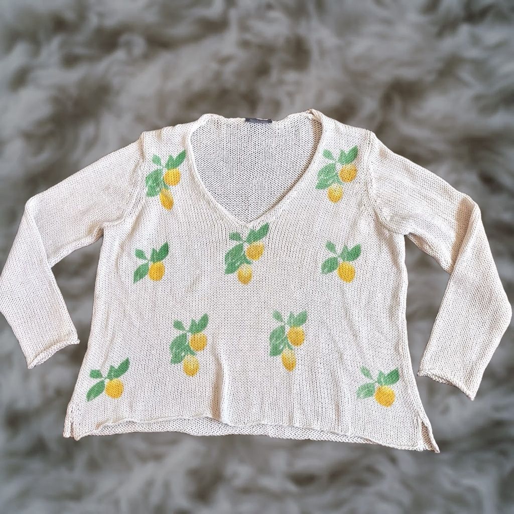 Vintage Wooden Ships Sweater Womens S/M Ivory Yellow Knit Lemons Fruit V Neck Size S / US 4 / IT 40 - 1 Thumbnail