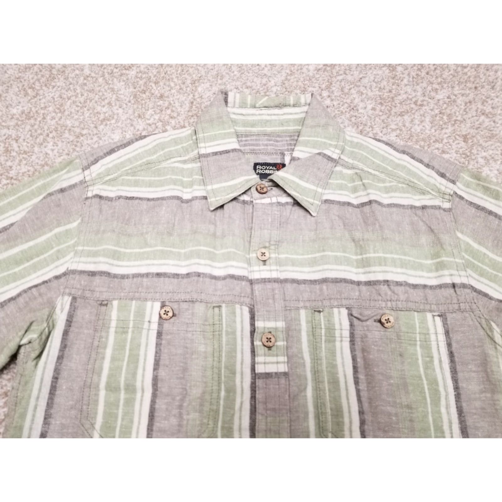 Wrangler Royal Robbins Shirt Mens Small Green Brown Short Sleeve Hemp Organic Cotton Blend Button-Up with Pockets, Striped, Casual, Adult XL, Beige, Wool? Size US XL / EU 56 / 4 - 2 Thumbnail
